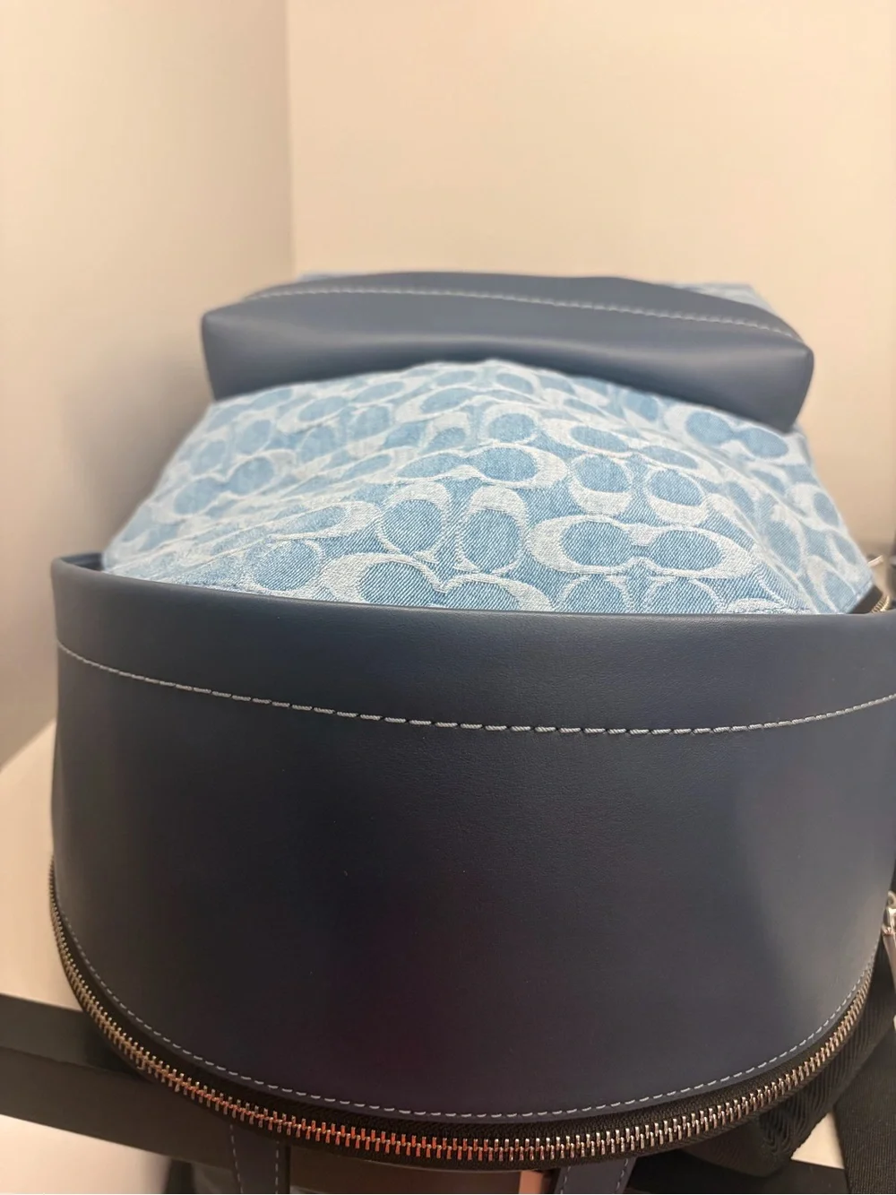 Coach Light Blue denim Signature Jacquard Backpack with Slate Trim blue leather